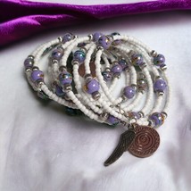 Purple Beach Core Coil Memory Wire Beaded Women Bracelet Silver Tone Jewelry - £18.26 GBP