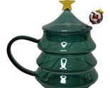 Anthropologie Frosty Christmas Tree Glass Green Mug w/ Stirrer Lid Star ... - £51.36 GBP
