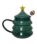 Anthropologie Frosty Christmas Tree Glass Green Mug w/ Stirrer Lid Star ... - £51.46 GBP