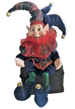 Christmas Elf Pixie Plaid Hanging Posable Ornament Jingle Bells Velvet 17&quot;  - $44.07