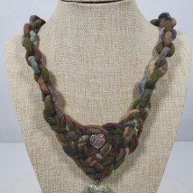 Vintage CAMO BOHO Statement Hand Braided Necklace 24 Inch + Heart Pendant - $19.50