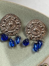 Large Thin Silvertone Repousse Disks w Cobalt Blue Plastic Nugget Bead Dangle - £8.99 GBP