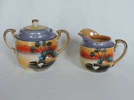 Hotta Yu Shoten &amp; Co Vintage Sugar Bowl Creamer Lusterware Swan Lake Riv... - £39.32 GBP