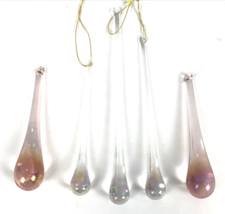 Vintage Glass Iridescent Teardrop Christmas Ornaments Lot 5 Clear Icicle Hanging - £35.41 GBP
