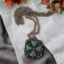 Maltese Cross Necklace Victorian Style Pendant Faux Turquoise Goth Silver Tone - £12.85 GBP