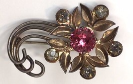 Vintage Mid Century Modern Flower Brooch Pink Rhinestone Center - £9.57 GBP