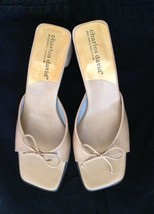 CHARLES DAVID Genuine Leather Square Open Toe Bow Detail Slides 6B- Taupe Beige - £18.77 GBP