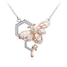 Rose Gold Necklace With Bee &amp; Honeycomb Steampunk Style Sterling Silver Pendent - £111.08 GBP