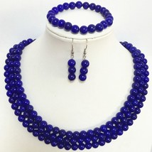 High grade blue lapis lazuli  3 rows necklace bracelet earring 8mm round beads e - £24.03 GBP