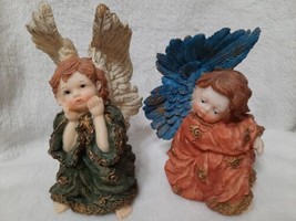 1 Pair 6&quot; Resin Angel Statues Figurines In Gowns Sparkly Colorful Wings 6-6.5&quot;H - £12.38 GBP