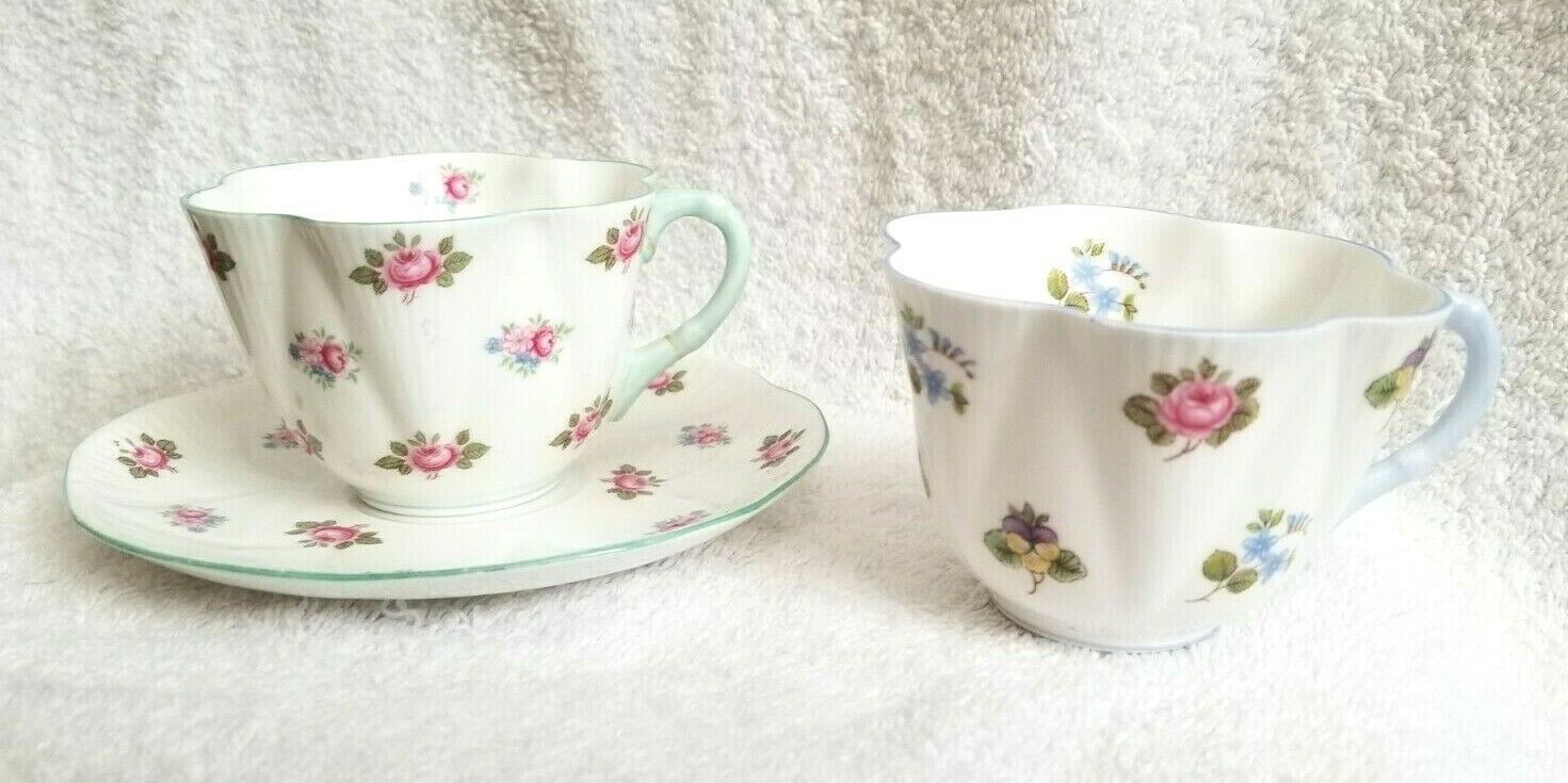 Primary image for Three Pieces of SHELLEY China Two Cups ( ONE REPAIRED )  One Saucer