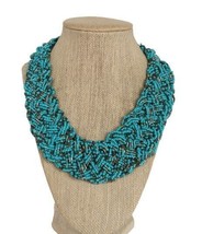 vintage turquoise &amp; silver tone seed bead woven bib collar necklace - $29.99