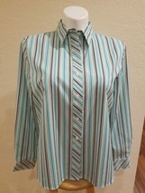 Foxcroft Wrinkle Free Button Classic Shirt Striped Womens Sz 14 Teal Black Mint - £14.39 GBP