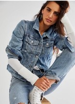 Free People Rumors Ripped Denim Jacket In Indigo Acid Wash Size S - £22.92 GBP