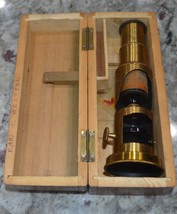 Hand-held Antique Brass Field Microscope in wooden Box, 6-1/8” tall - $215.00
