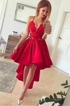Red V Neck High Low Spaghetti Strap Lace Satin Party Dresses Homecoming Dresses - £112.44 GBP