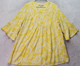 Woman Within Blouse Top Women Medium Yellow Floral 100% Rayon Long Sleeve V Neck - £14.74 GBP