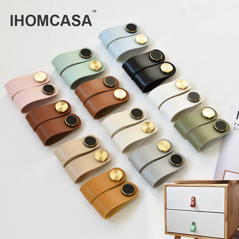 IHOMCASA Nordic Mordern Gold Brass Leather Door Handle Kitchen Cabinet Knobs f - £5.72 GBP+