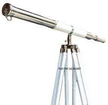 Nautical Floor Standing Chrome White Leather Admiral Telescope 60&quot; - $199.00