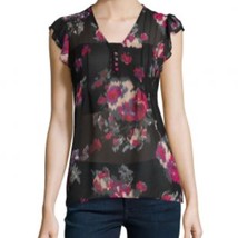 JOIE black &amp; pink 100% silk floral ruffle sleeve blouse size medium sheer - £25.45 GBP