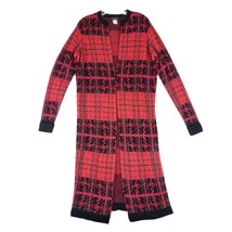 VENUS Soft Mohair Knit Red Black Plaid 44&quot; Long Open Front Cardigan Sweater S - £22.83 GBP