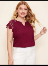 Shein Cap Sleeve Burgundy Blouse Top V Neck Lace Sleeve Curve Plus 1XL - £9.29 GBP