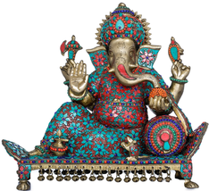 16&quot; Brass Ganesha Idol Relaxing on a Recliner| Brass With Inlay Work | Handmade - £948.35 GBP