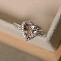 2C Trillion Cut Morganite &amp; Diamond Halo Engagement Ring Set 14K white Gold Over - £70.97 GBP