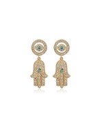 14K Yellow Gold Evil Eye Hamsa Blue Created Diamond Dangle Screw Back Ea... - £173.69 GBP