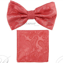 New Men Coral BUTTERFLY Bow tie And Pocket Square Handkerchief Set Wedding - $10.85