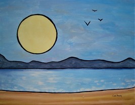 Painting Seascape Original Signed Art Sun Ocean Lake Landscape By Carla Dancey - £17.65 GBP
