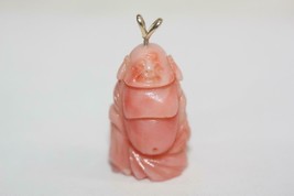 14K Yellow Gold Wire Bale Pink Coral Hand-Carved Buddha Pendant Good Luck Amulet - £195.76 GBP