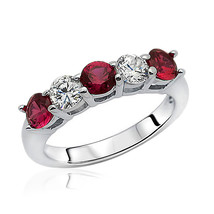 14K White Gold Plated 925 Silver Wedding Ring Red Garnet Five Stone Band Ring - £59.00 GBP