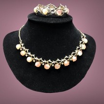 Vintage Signed Coro Light Pink Moonstone Rhinestone Necklace 16” Bracelet 7” - £51.77 GBP