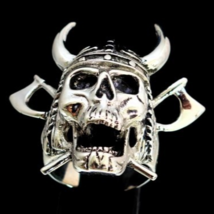 Big Sterling silver Skull ring Horned Viking Warrior on Crossed Battle Axes high - £91.92 GBP