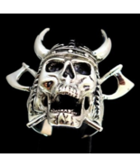 Big Sterling silver Skull ring Horned Viking Warrior on Crossed Battle A... - $115.00