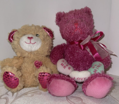 Lot of two Plush Stuffed Animals Teddy Bears Pink Beige Valentines Ribbon Hearts - £9.51 GBP