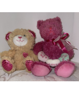 Lot of two Plush Stuffed Animals Teddy Bears Pink Beige Valentines Ribbo... - $16.21 CAD