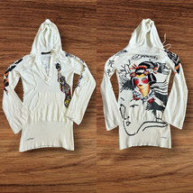 Ed Hardy Christian Audiger Women’s Geisha Bling Hoodie Sz M White Y2K Boho NWOT - £73.96 GBP