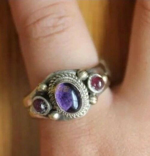 Solid Adjustable Tibetan Silver Amethyst Garnet 3 Gemstone Dotted Ring - $8.05