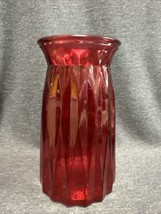 Mid Century Modern Vintage Red Ribbed Glass Vase 8&quot; Tall. Fluted. VGC - £9.27 GBP