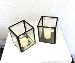 BEVELED GLASS AND BRASS HURRICANE CANDLE HOLDERS - $11.34