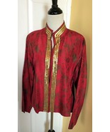 CHICO&#39;S Red/Gold Sequined Silk Open Front Mandarin Collar Asian Dress Ja... - $308.66 MXN