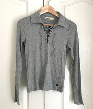 New Hollister Women Lace Up Gray Long Sleeve Stretch Ribbed Polo Shirt Top L - £18.09 GBP
