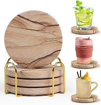 Natural Sandstone Coasters with Holder - Set of 4, 4 Inch Diameter, 0.39... - $26.38