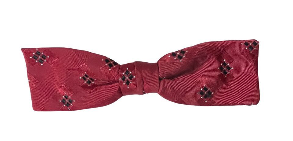 Ormond Mens Bow Tie Red Black Diamond Rayon Clip On Vintage 1940s USA - $24.95