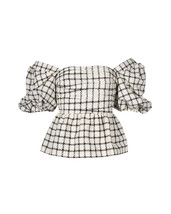 Self-Portrait Puff-Sleeve Peplum Checked Top In Polyester Women Cream Uk Size 4 - $180.50