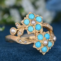Natural Turquoise Pearl and Diamond Vintage Style Floral Ring in 9K Gold - £599.40 GBP