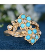 Natural Turquoise Pearl and Diamond Vintage Style Floral Ring in 9K Gold - £588.42 GBP