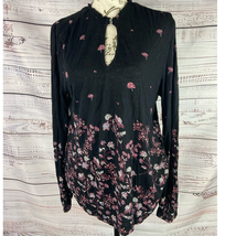 Lucky Brand Floral Top Womens M Shirred Mock Neck Keyhole Button Long Sleeves - £12.74 GBP